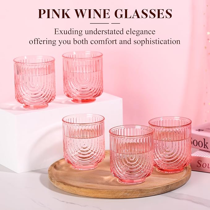 Pink Vintage Drinking Glasses Set of 6-15oz Hand-Blown Highball Ribbed Glassware - Image 2