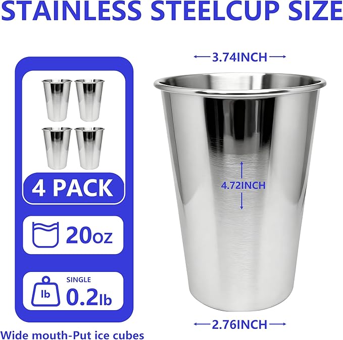 20PCS 20-OZ Tainless Steel Cups,Metal Cups, Stainless Steel Pint CupsStackable Unbreakable Drinking Glasses for Party, BBQ Camping, (4)