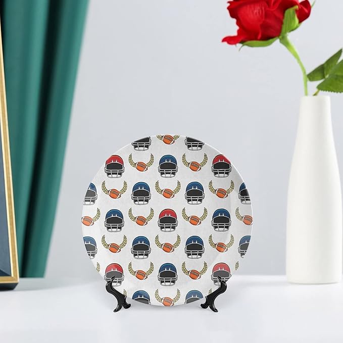 Decorative Plates, American Football Print Ornament, Rugby Championship Professional League Fun Game, 7 Inch, 1 Plate with 1 Display Stand, Multicolor