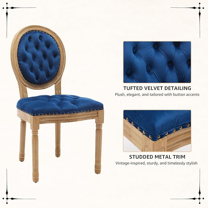 Vintage French Dining Chairs Set of 6, Round Back Velvet Upholstered Accent Chairs with Nailhead Trim and Solid Wood Frame, Elegant Sillas de Comedor for Dining Room & Kitchen, Blue