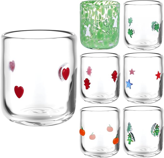 Icon Juice Glasses, 14oz Stemless Wine Drinking Juice Glass Cup for Valentine Party Supplies Gift(7 Pcs,Multi-style)