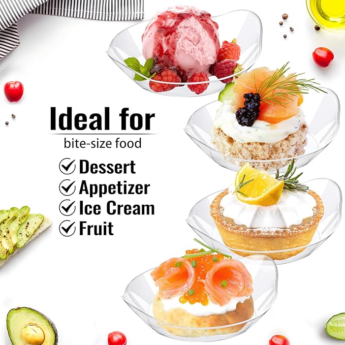 Kucoele 100 Pack Mini Dessert Plates, Small Clear Plastic Trays with Spoons Disposable Party Serving Plates for Appetizer, Dessert, Fruit