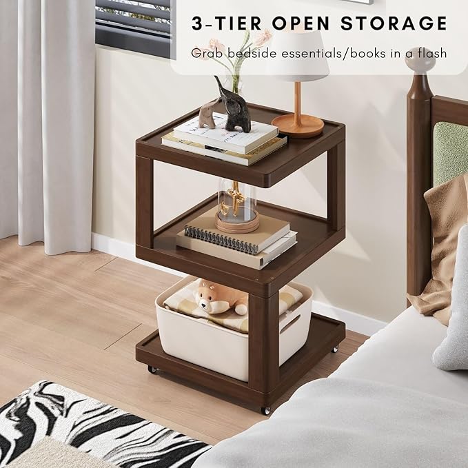 ZIYOO 3-Tier Solid Wood Mobile Side Table with Wheels, Wooden Night Stand, Unique Floating Design Storage Organizer for Bedroom, Living Room, Small Spaces, Walnut