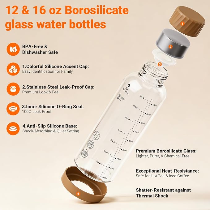 12 oz Glass Juice Bottles 6 Pack, Leakproof Borosilicate Glass Bottles | - Image 3