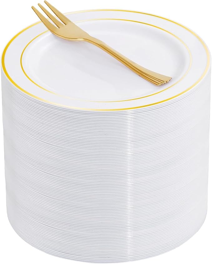 WELLIFE 60 PCS Gold Plastic Dessert Plates and 60 PCS Forks, 6.3 inch Disposable Salad Plates, Premium White Appetizer Plates with Gold Rims, Perfect for Party and Wedding