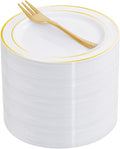 WELLIFE 60 PCS Gold Plastic Dessert Plates and 60 PCS Forks, 6.3 inch Disposable Salad Plates, Premium White Appetizer Plates with Gold Rims, Perfect for Party and Wedding