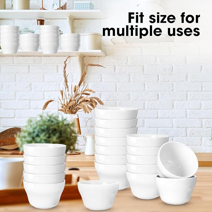 Suclain 24 Pack 8 oz Porcelain Bowls Set Porcelain Bouillon Cups Small Dessert Bowls Soup and Dip Bowls for Ice Cream Dessert Sauce Dipping Salads Cereal Rice, Microwave and Dishwasher Safe, White