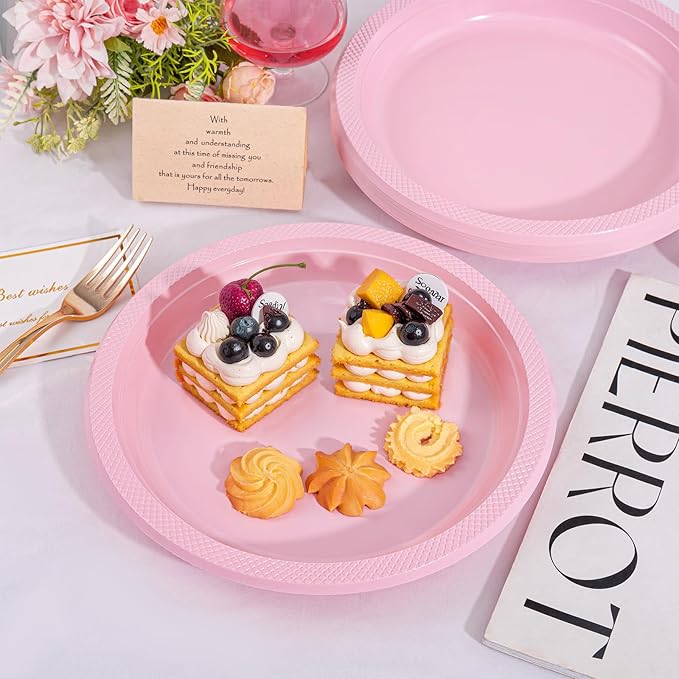WELLIFE Pink Plastic Plates 10 Inch -150 Count for Party, Disposable Plastic Party Plates for Valentine's Day Easter Mother's Day Baby Shower Dinner Dessert Cake Light Pink