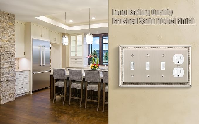 Henne Bery Sunken Pearls Heavy Duty Decorative Wall Plate Switch Plate Outlet Cover (Triple Toggle/Single Duplex, Satin Nickel)