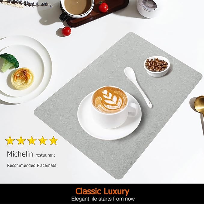 Vinyl Placemats Set of 12 Faux Leather 100% Waterproof Wipeable Washable Place Mats Heat Resistant Easy Clean Non-Slip Table Mats for Indoor Outdoor. (12, Light Gray)