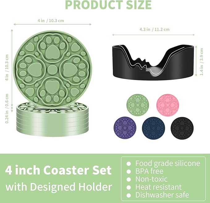 6 Pack Green Silicone Coasters with Holder, 4 Inches Non-Slip Decorative Coaster for Tabletop, Desk Dishwasher Safe Cup Mat for Bar, Drinks, Beer, Coffee