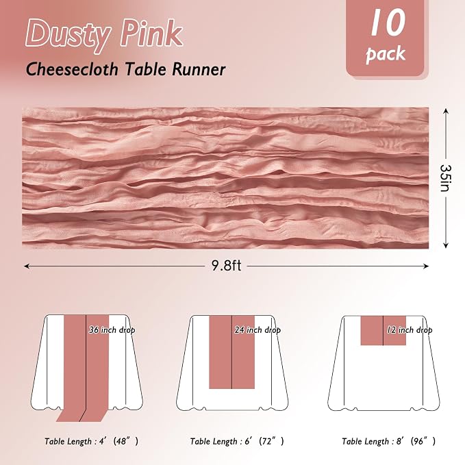 3 Pack Dusty Pink Cheesecloth Table Runner 120 Inch Boho Wedding Decor | - Image 2