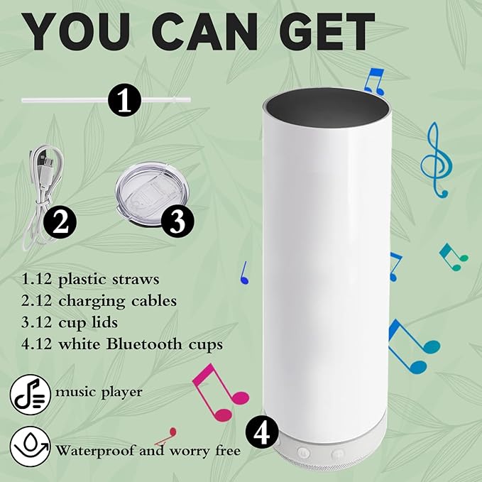 20oz-12pack Luminous Green Bluetooth music Sublimation Tumbler Blank with Straw, Slider Lid, Double-Wall Stainless Steel Vacuum Insulation, Removable Rechargeable Wireless Speaker