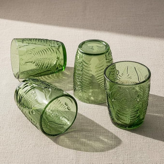 Green Drinking Glasses Set of 4, 10 oz Glass Cups, Vintage Fern Glassware | - Image 2