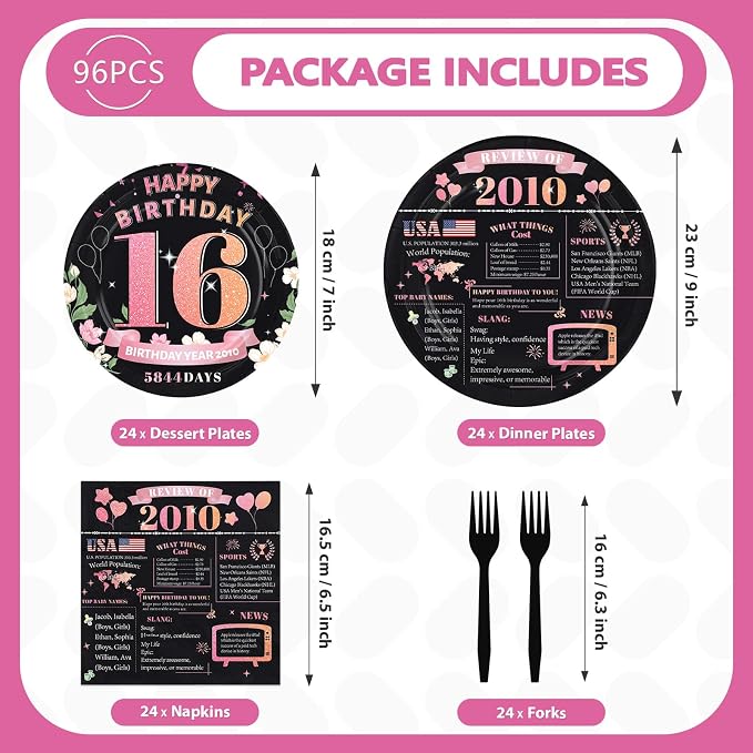 96Pcs 16th Birthday Party Decorations, Serves 24 | Rose Gold Plates and Napkins - Image 2