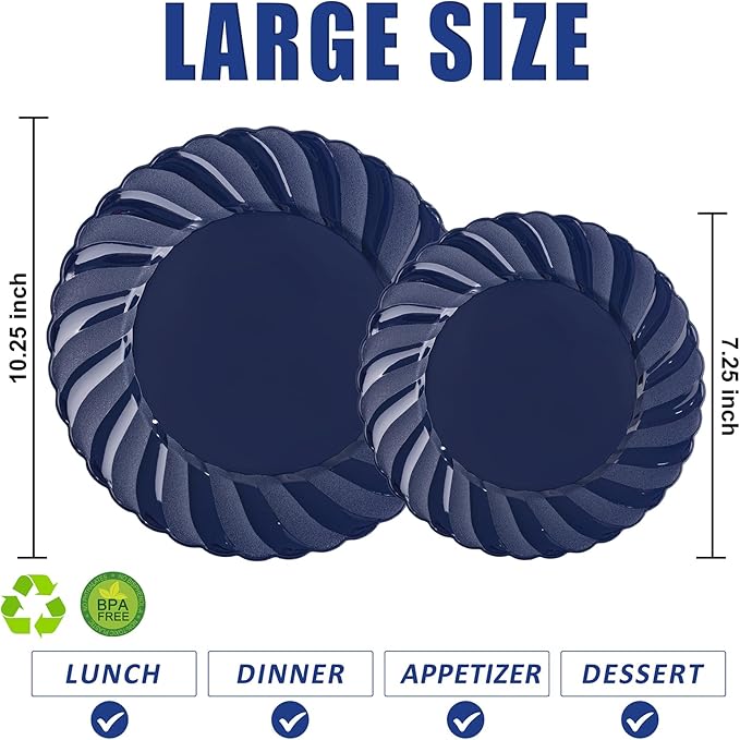 U-QE 60 Pcs Blue Plastic Plates for Party – Scalloped Blue Plates Disposable Heavy Duty – Include 30 10.25" Dinner & 30 7.25" Dessert Plate - Perfect for Parties, Weddings