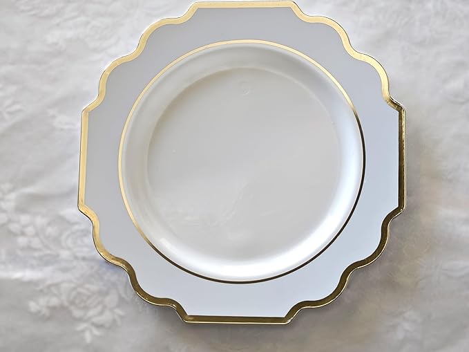 " OCCASIONS " 240 Plates Pack (120 Guests) Heavyweight Wedding Party Disposable Plastic Plates Set -120 x 10.5'' Dinner + 120 x 8'' Salad/Dessert Plate (Imperial in White/Blue & Gold)