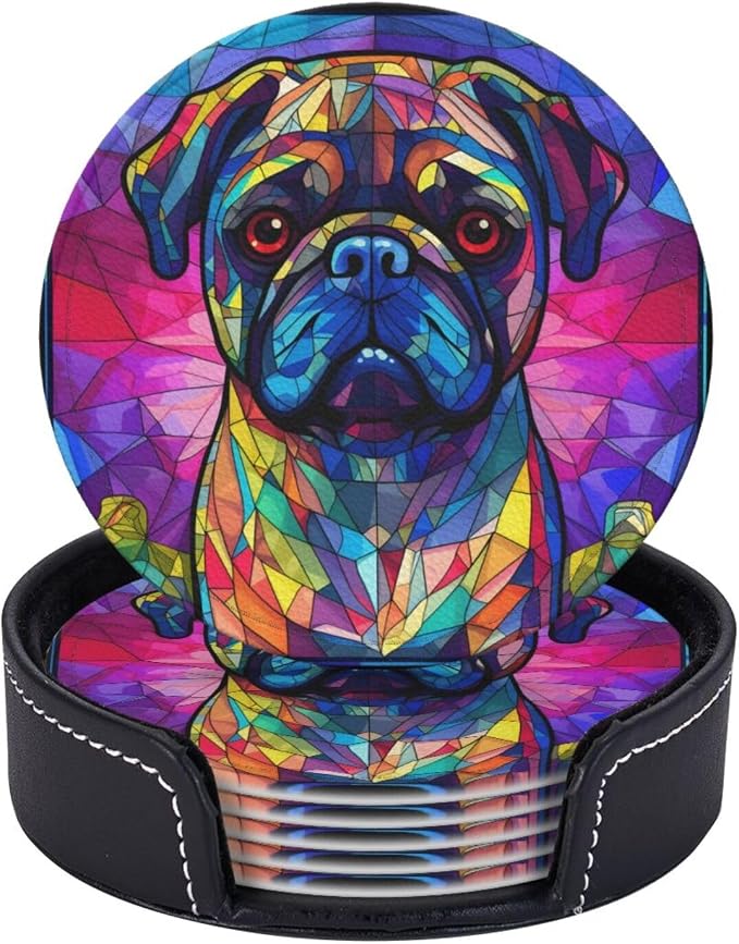 Pug Stained Dog Breed Glass Art Leather Drinks Coasters by Novgift