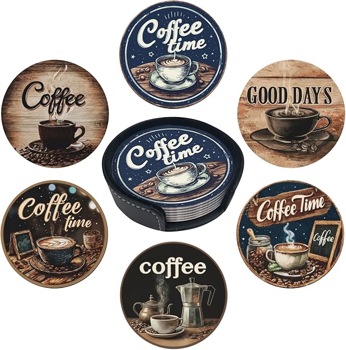 Coffee Coasters for Drinks with Holder Round Leather Coasters Set of 6 Cups Mugs Mat Pad for Home Kitchen Bar