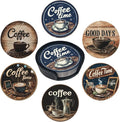 Coffee Coasters for Drinks with Holder Round Leather Coasters Set of 6 Cups Mugs Mat Pad for Home Kitchen Bar