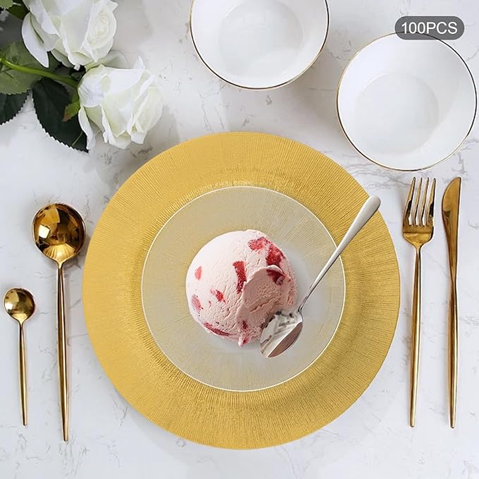 Charger Plates, 100pcs Gold 13inch Plastic Dinner Plate, Round Plastic Dinner Plate with Delicate Texture for Parties Wedding (Gold)
