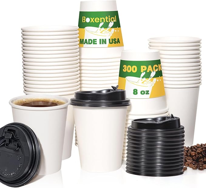 300 Pack 8 oz Disposable Coffee Cups with Lids, Leak-Proof To Go Coffee Cups for Hot/Cold Beverages, Disposable White Paper Cups with Lids for Home Parties, Office, Travel and Events