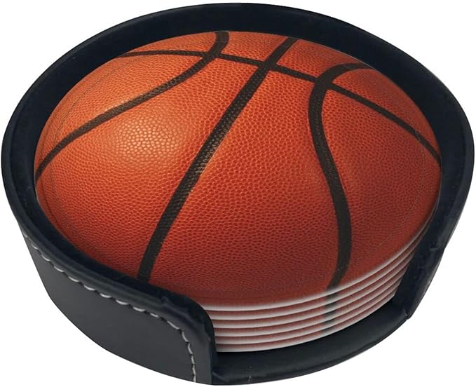 Basketball Coasters for Drinks with Holder Leather Coasters Set of 6 for Coffee Table