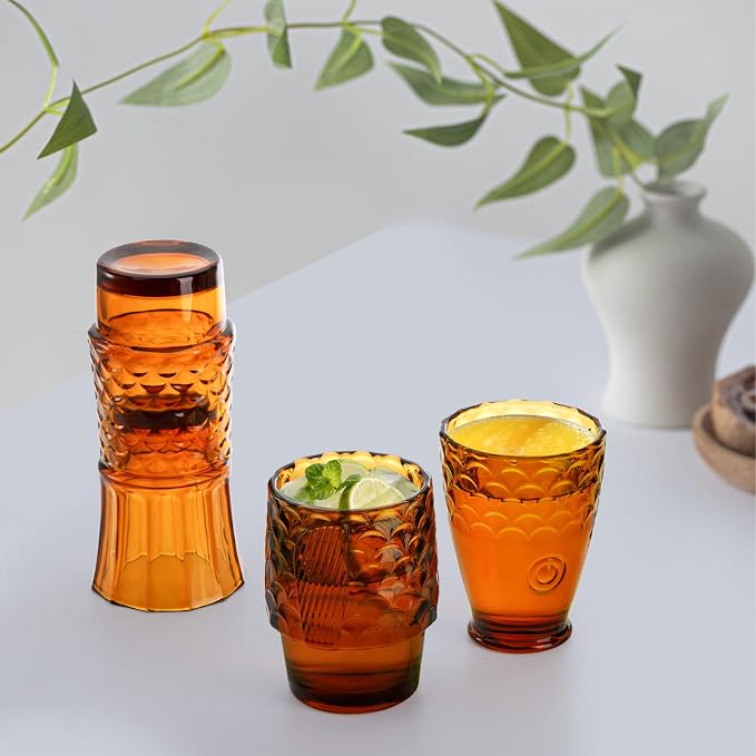 Frcctre Set of 4 Koi Fish Design Drinking Glasses, Stackable Amber Tumbler - Image 7