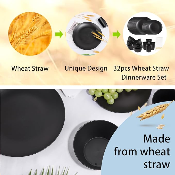 32pc Reusable Black Wheat Straw Dinnerware Sets Black Dishes - Image 7