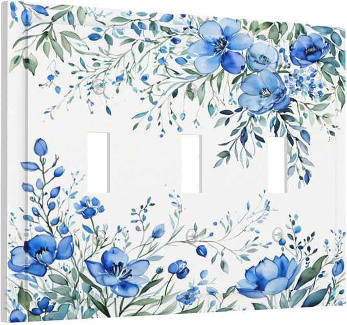 Light Switch Cover Blue Watercolor Flowers Retro Floral Leaves 3 Gang Wall Plate Triple Light Switch Plate Toggle Decorative Outlet Covers Electrical Switchplate for Bathroom Bedroom Decor