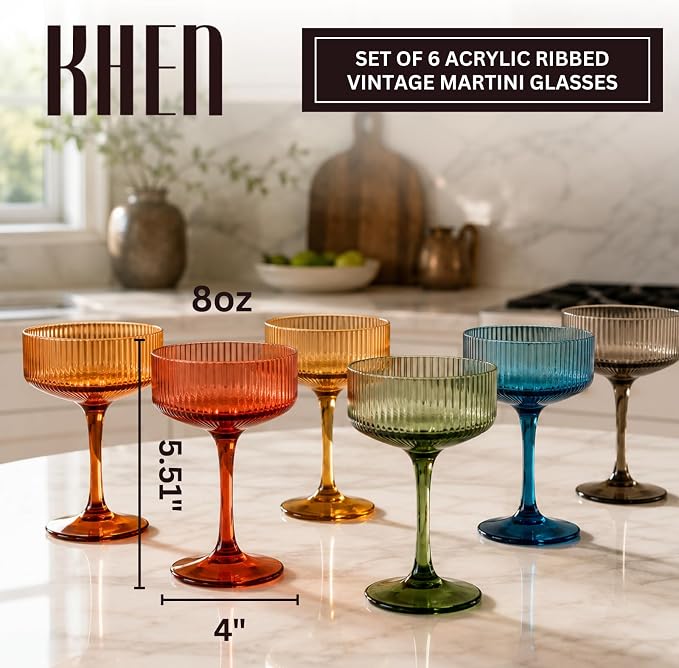 Vintage Ribbed Acrylic Martini Glasses Set, Coupe Glasses, Shatterproof & - Image 2
