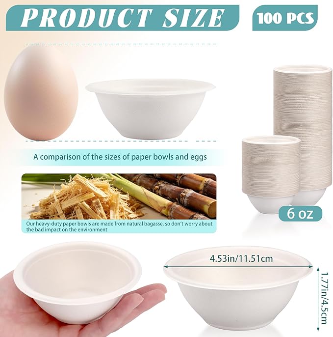 LeonBach 100 Pack 6oz Natural Bagasse Fiber Bowls, Small Disposable Paper Bowls Microwavable Safe Sample Snack Cups Charcuterie Serving Cups for Sauce Portion Condiment Ice Cream Desserts, White