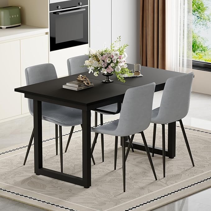 Extendable Dining Table Set for 4, 55"–71" Modern Black Kitchen Table with 4 Upholstered Chairs, Space-Saving for Living Room Apartment, Sturdy & Comfortable, Easy Assembly