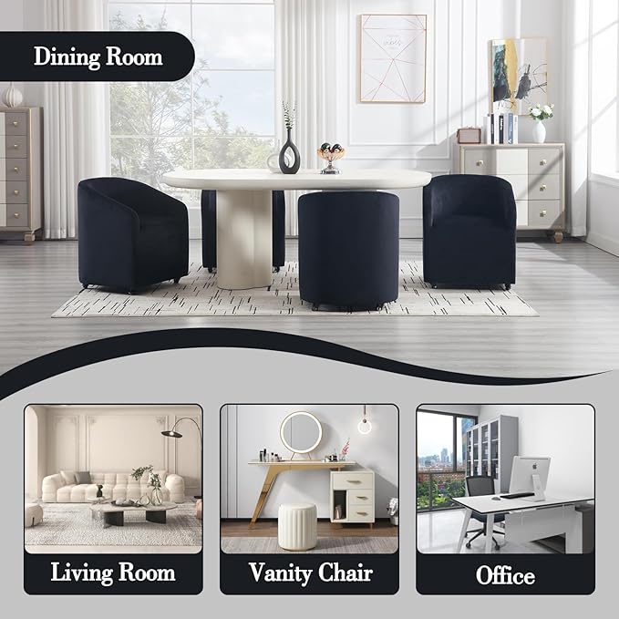 Modern Barrel Dining Chair with Rolling Casters, Upholstered Velvet Swivel Dining Room Chair with Wheels for Kitchen Living Room Home Office, Black