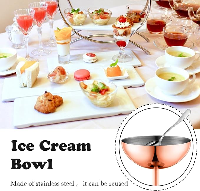 Ice Cream Bowls Stainless Steel Dessert Cups with Spoons Reusable Footed Sundae Cups Ice Cream Cups for Dessert, Frozen Yogurt, Gelato, Birthday Party Decorations (2, Rose glod)