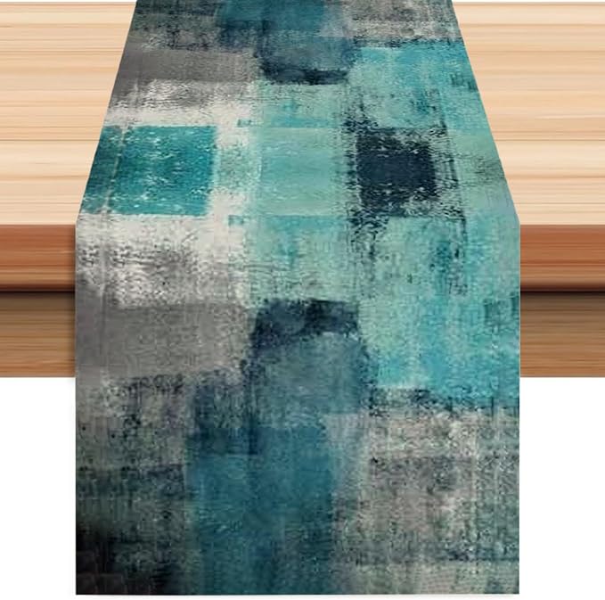 Teal and Green Table Runner 13x72 Inch Modern Abstract Art Painting Kitchen by ZCHOMI