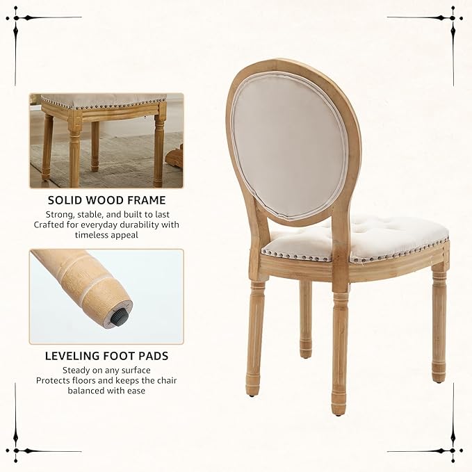 Vintage French Dining Chairs Set of 8, Round Back Velvet Upholstered Accent Chairs with Nailhead Trim and Solid Wood Frame, Elegant Sillas de Comedor for Dining Room & Kitchen, Beige