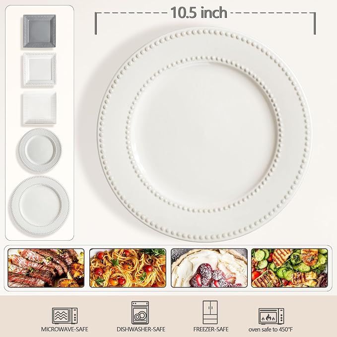 Dinner Plates Set of 4, 10.5 inch White Ceramic Plates, Embossed Salad Plates - Image 2