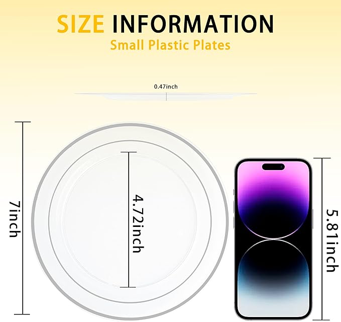 I00000 100Pcs Clear Silver Plastic Plates,Silver Rim Plates 7 Inch,Heavy Duty Premium Clear Dish for Wedding Party Supplies for Salad Dessert Cake