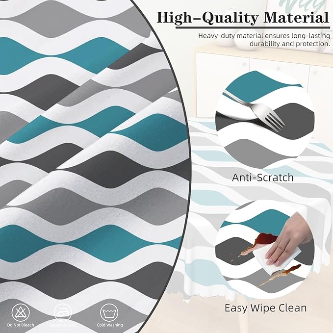 Laeacco 48 Inch Geometric Round Tablecloth Blue and Grey Waved Stripes Modern Abstract Art Print Table Cloth Washable Waterproof Wrinkle Free Table Cover for Kitchen Dining Picnic Party Decoration