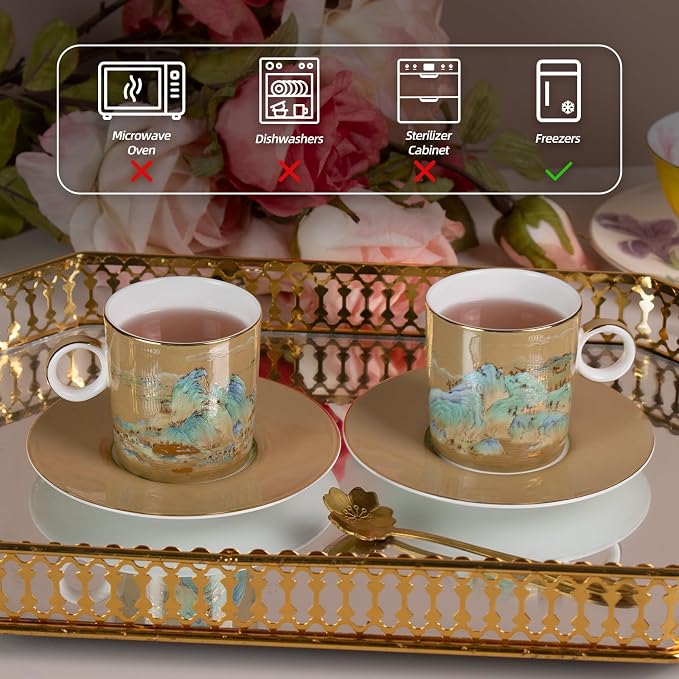 KAMMAK Tea Cups and Saucers Set of 2, Porcelain Coffee Cups, JBE008 | Stackable - Image 3