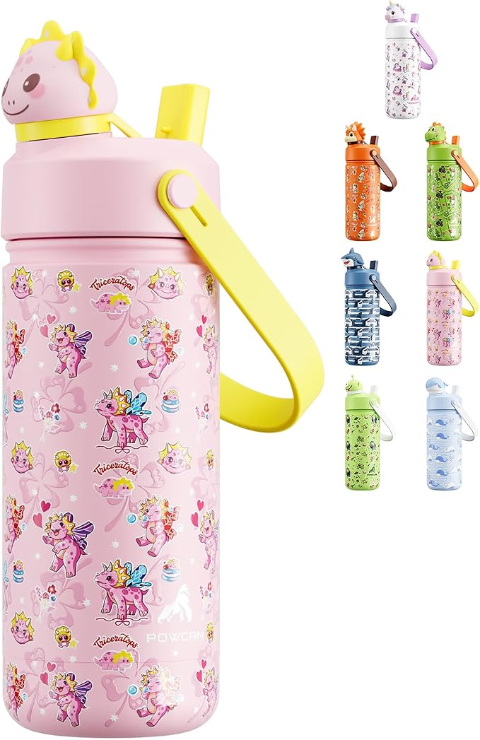 POWCAN 18 oz Kids Water Bottle: 2-in-1 Straw Spout Lid by POWCAN