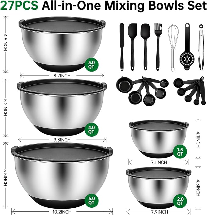 Deedro Mixing Bowls with Airtight Lids, Stainless Steel Mixing Bowls Set | 22 - Image 2