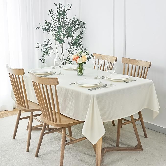 maxmill Jacquard Tablecloth Stain Resistant Waterproof Wrinkle Resistant Spillproof Washable Soft Weaved Texture Table Cloth for Dining Room, Indoor Outdoor Use, Rectangle 60 x 140 Inch, Ivory