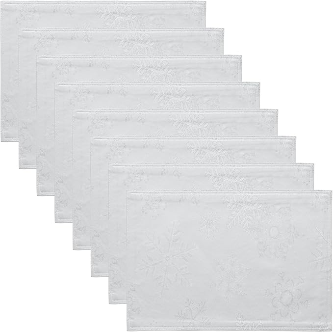 Cloth Place Mats Set of 8–Reusable Rectangular Waterproof Fabric Polyester Washable Wipeable Heat Resistant Jacquard Sparkling Metallic Snowflake for Kitchen Table(White Silver/13x19 Inch)