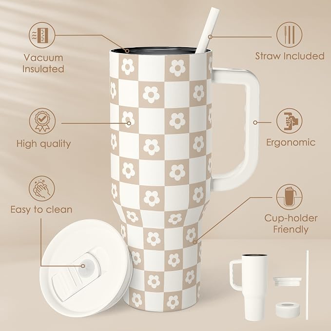 SANDJEST Checker Tumbler with Handle and Straw 40oz – Stainless Sleel Slider - Image 2