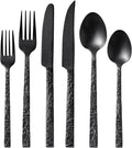 KINGSTONE 24 Pcs Black Hammered Silverware Set with Steak Knives for 4, 18/10 Stainless Steel Heavy Duty Flatware Set, Tableware Cutlery Utensil Sets for Home Restaurant Dishwasher Safe