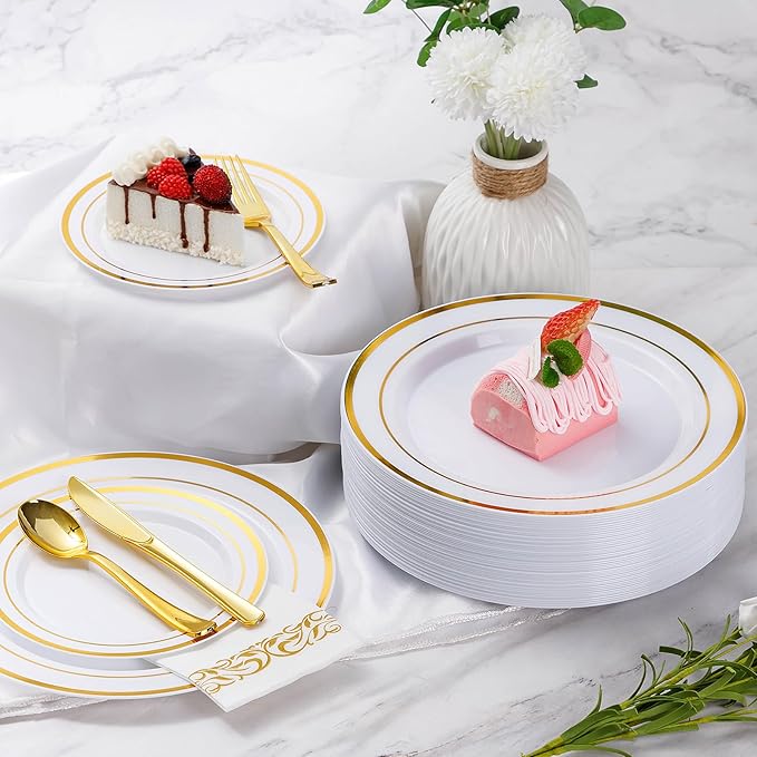 Goodluck 700 Piece Gold Dinnerware Set for 100 Guests, Disposable for Party, Include: 100 Gold Rim Dinner Plates, 100 Dessert Plates, 100 Paper Napkins, 100 Cups, 100 Plastic Silverware Set