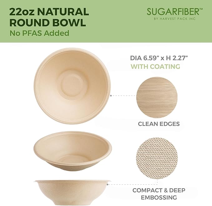 [1000 Count]Sugarfiber by Harvest 22oz Round Bowls PFAS Free with PLA coating - Compostable Heavy-Duty Eco-Friendly Disposable Bagasse Bowl Sugarcane made plant fibers for Meal Prep