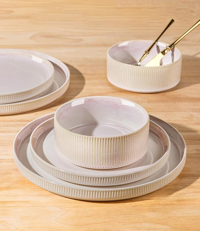 TheTerra Ceramic Dinnerware Sets for 4, 12 Pieces Porcelain Lightweight Plates and Bowls Sets, Scratch Resistant Dish Set, Oven & Microwave & Dishwasher Safe, Primrose Pink